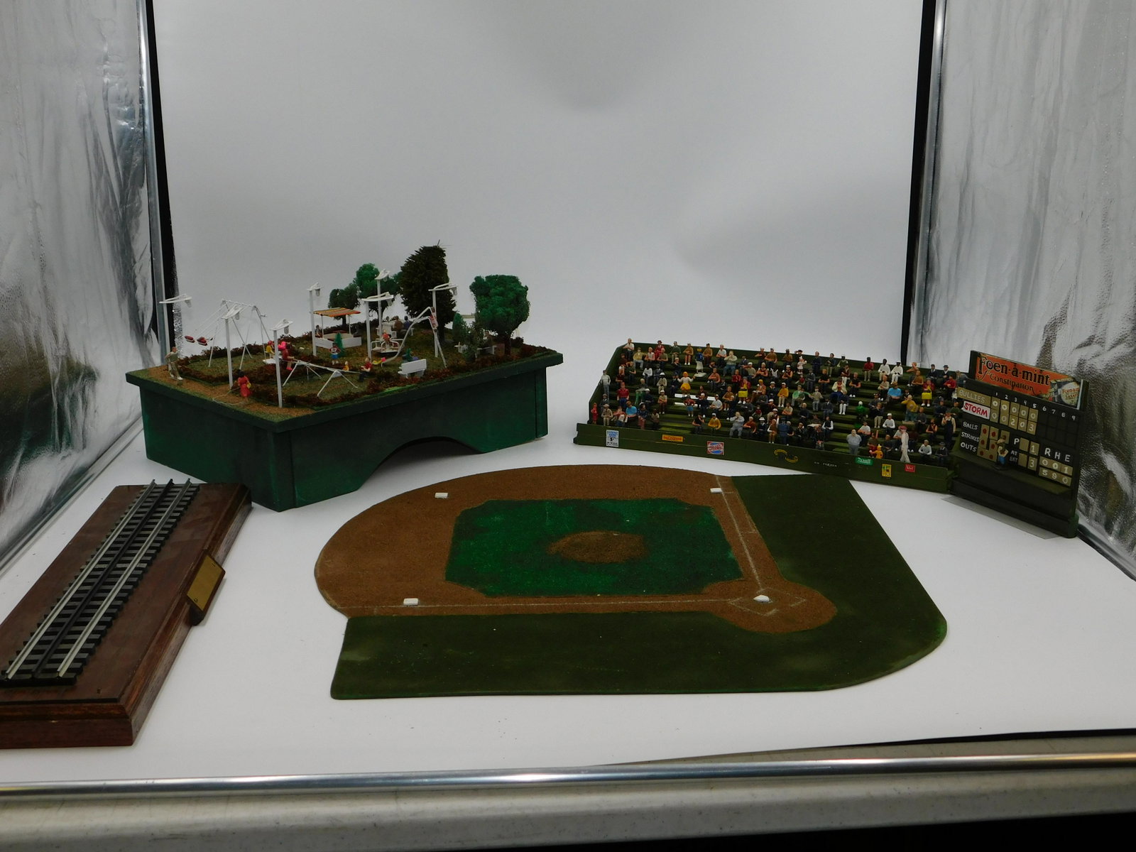 Homemade Playground Vignette/Diorama: Homemade Playground Vignette/Diorama with Baseball Diamond Vignette, Scoreboard, and Display Base with Track. All invoices must be paid within 24 hours of the sale. All items are shipped USPS or UPS a