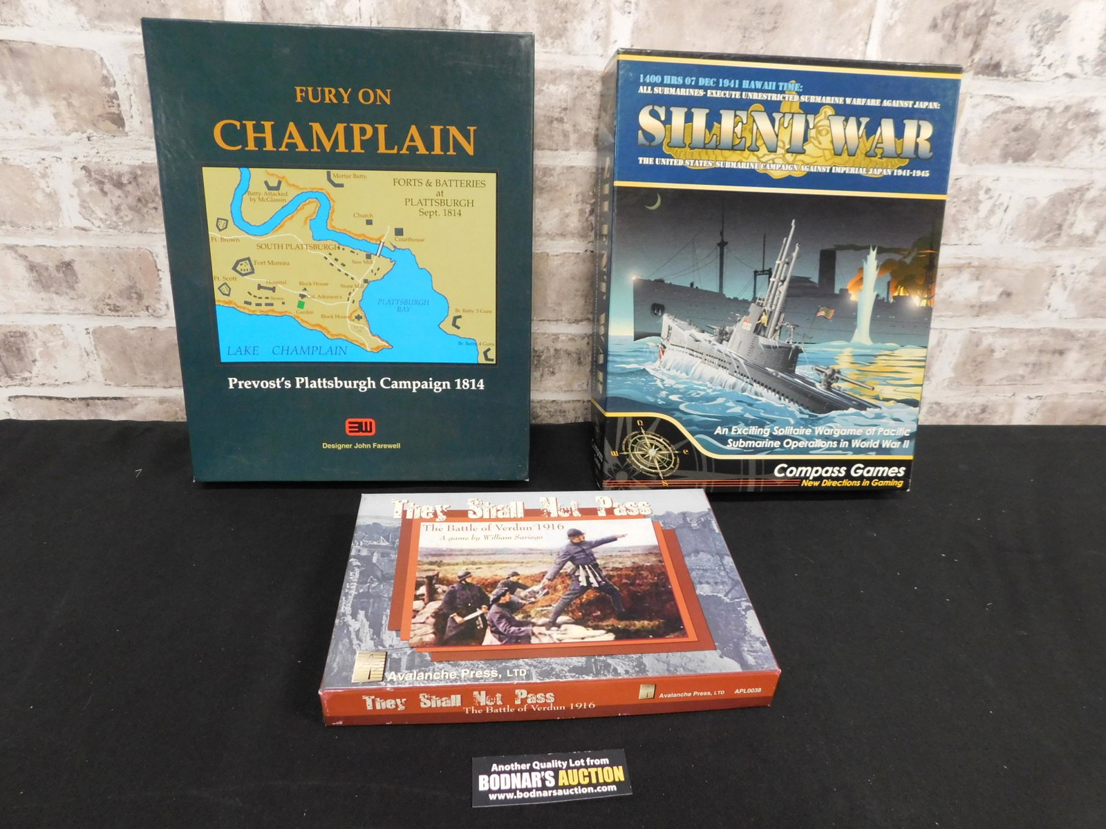 Lot of 3 War Strategy Games: Lot of 3 War Strategy Games including Fury on Champlain by 3W - No Dice, They Shall Not Pass - The Battle of Verdun 1916 by Avalanche Press - No Die Included, and Silent War by Compass Games. All appe