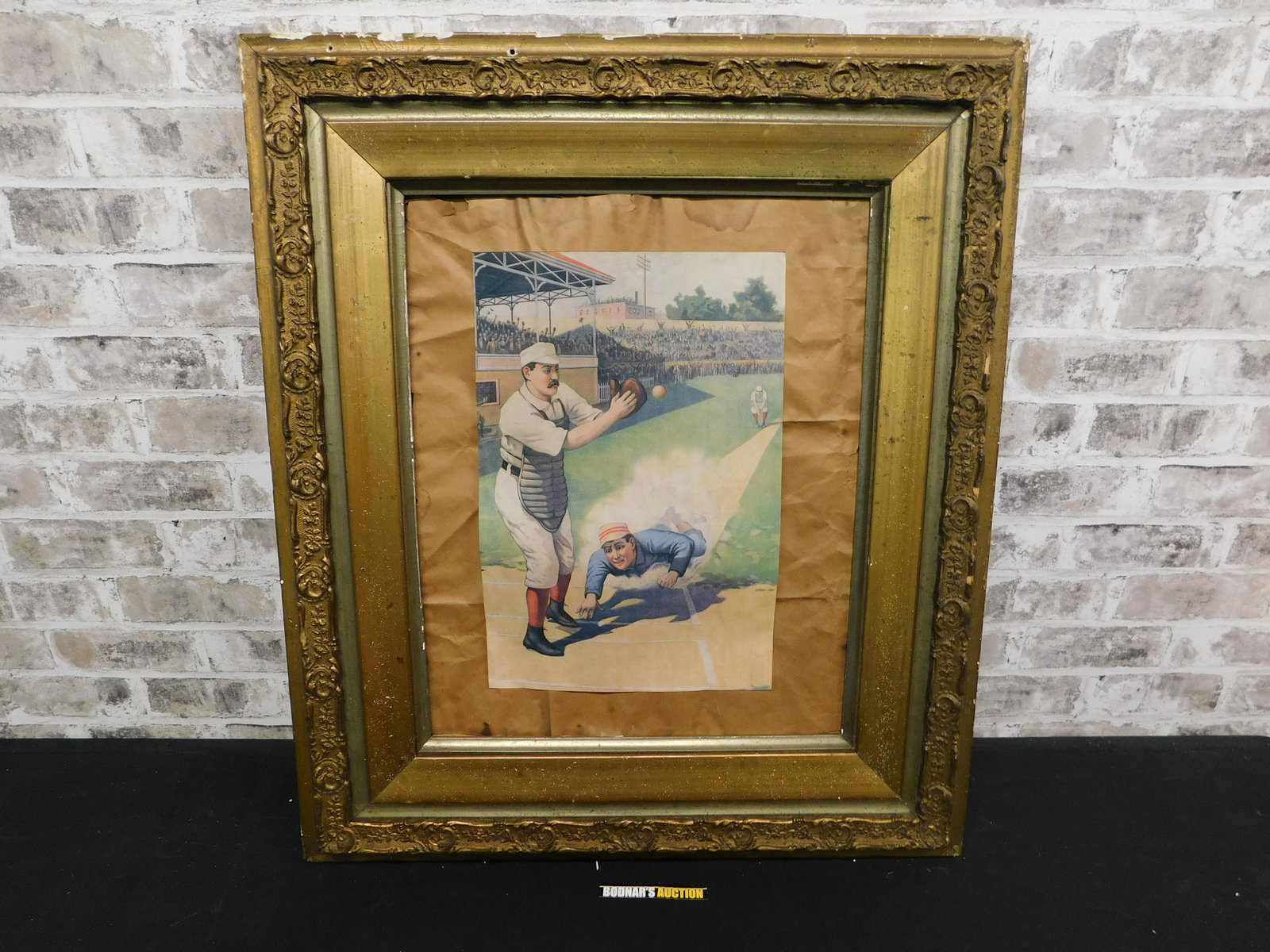 Framed Copy of 19th Century Color Lithograph "Safe at (1 of 5)