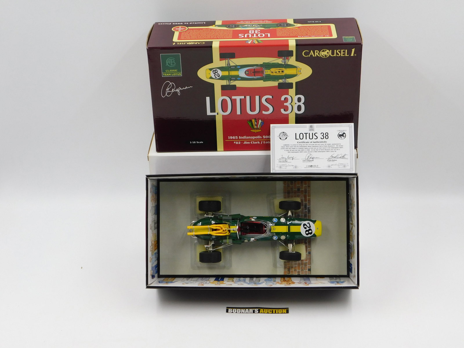 Carousel 1 Lotus 38 1965 Indianapolis 500 Winner #82: Carousel 1 Lotus 38 1965 Indianapolis 500 Winner #82 Jim Clark - 1:18 Scale Diecast. Comes in Original Box. All invoices must be paid within 24 hours of the sale. All items are shipped USPS or UPS and