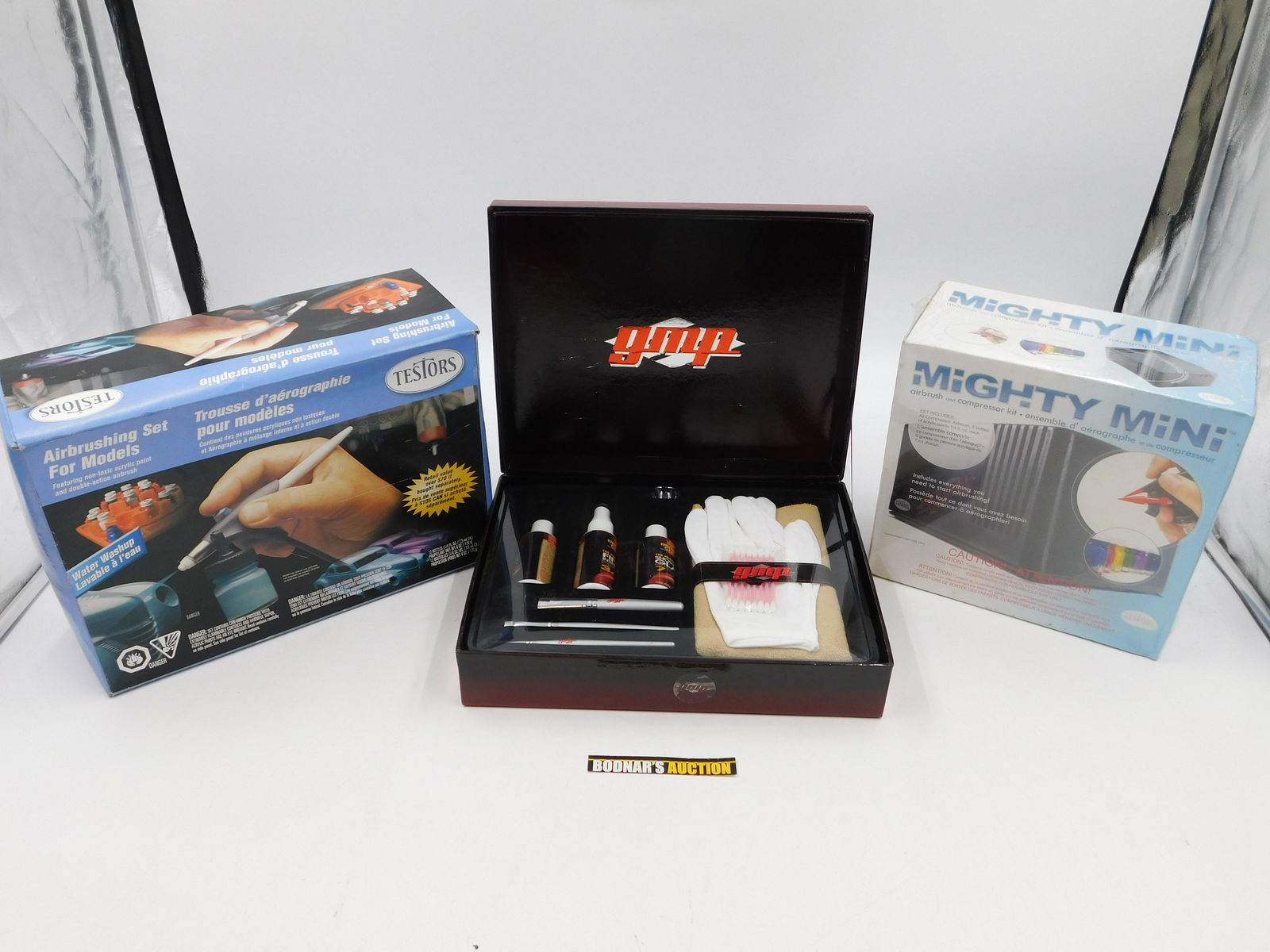 Lot of Model Kit Tools and Car Care Products: Lot of Model Kit Tools and Car Care Products including Testors Airbrushing Set for Models - Sealed in Box, Mighty Mini Airbrush and Compressor Kit - Sealed, and GMP featuring Meguiars Car Care Product