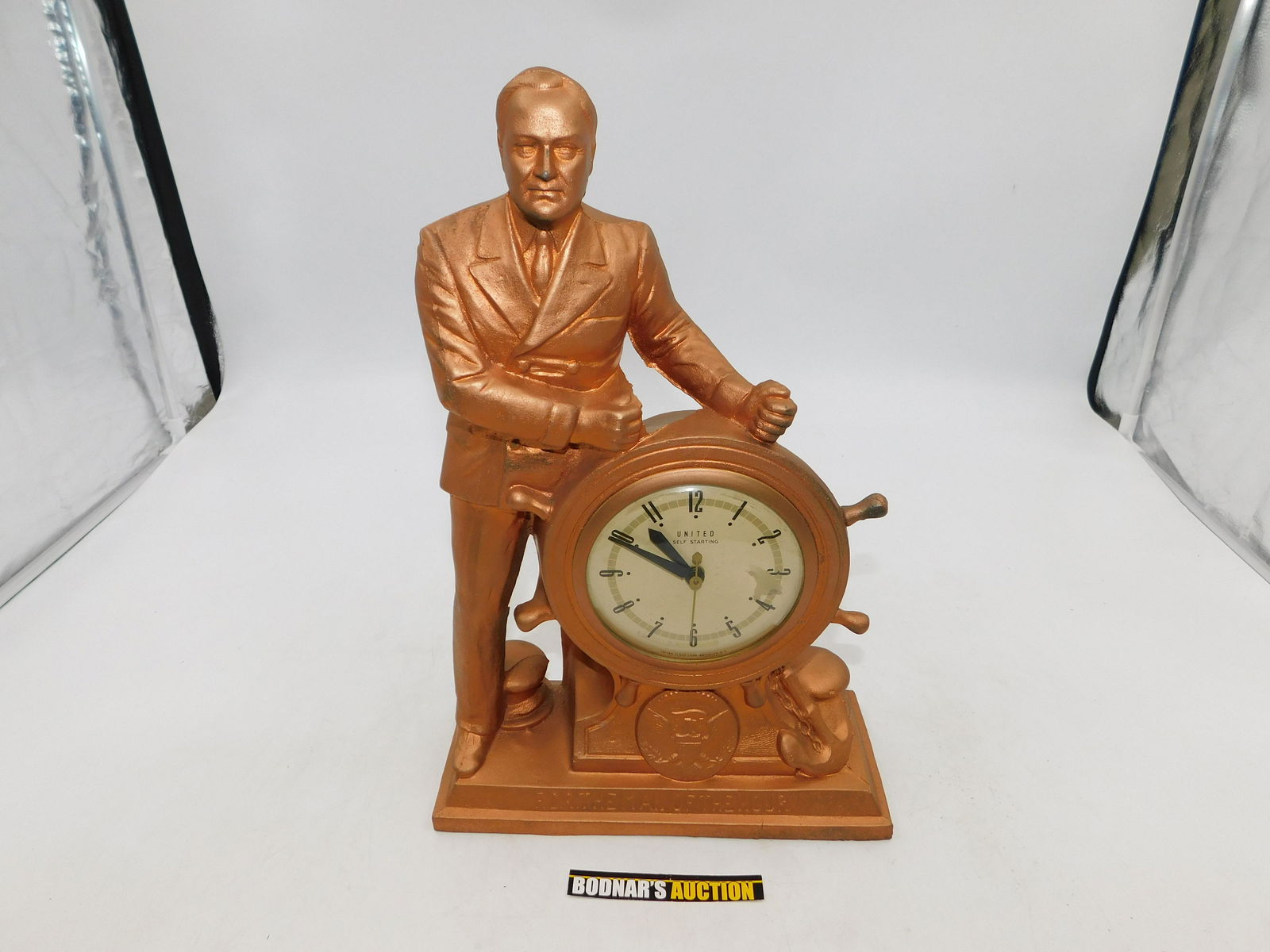 United FDR The Man of the Hour Figural Pot Metal: United FDR The Man of the Hour Figural Pot Metal Novelty Clock. In Working Order. Measures approx. 15" tall x 10" wide. Please read the terms and conditions. This sale will be broadcast live on sale d