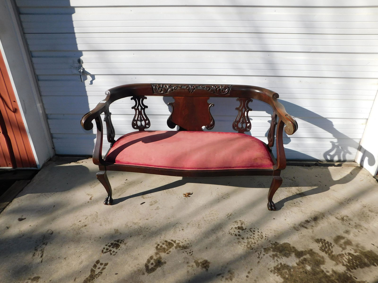 Carved Walnut Tall Footed Settee (1 of 3)