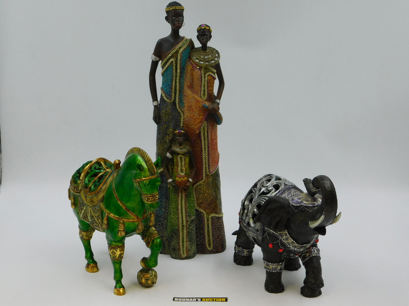 Lot of Decorator Items: Lot of Decorator Items including Resin Horse and Elephant Potpourri and Glass Mosaic Elephant. This sale will be broadcast live on sale day with full descriptions of each lot being sold. All items MUS