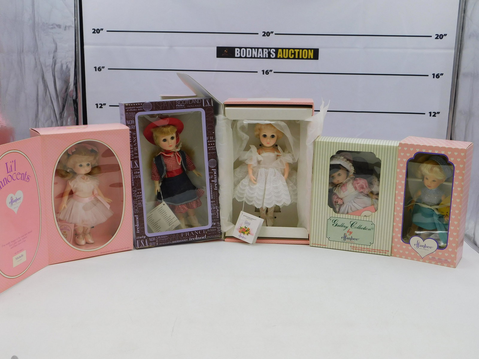 Lot of 5 Effanbee Dolls: Lot of 5 Effanbee Dolls including Gallery Collection by Effanbee 30th Anniversary Limited Edition Doll - 1993, World of Sports - Ice Skating, United States, Lil Innocents - Michelle, and Joyous Baller