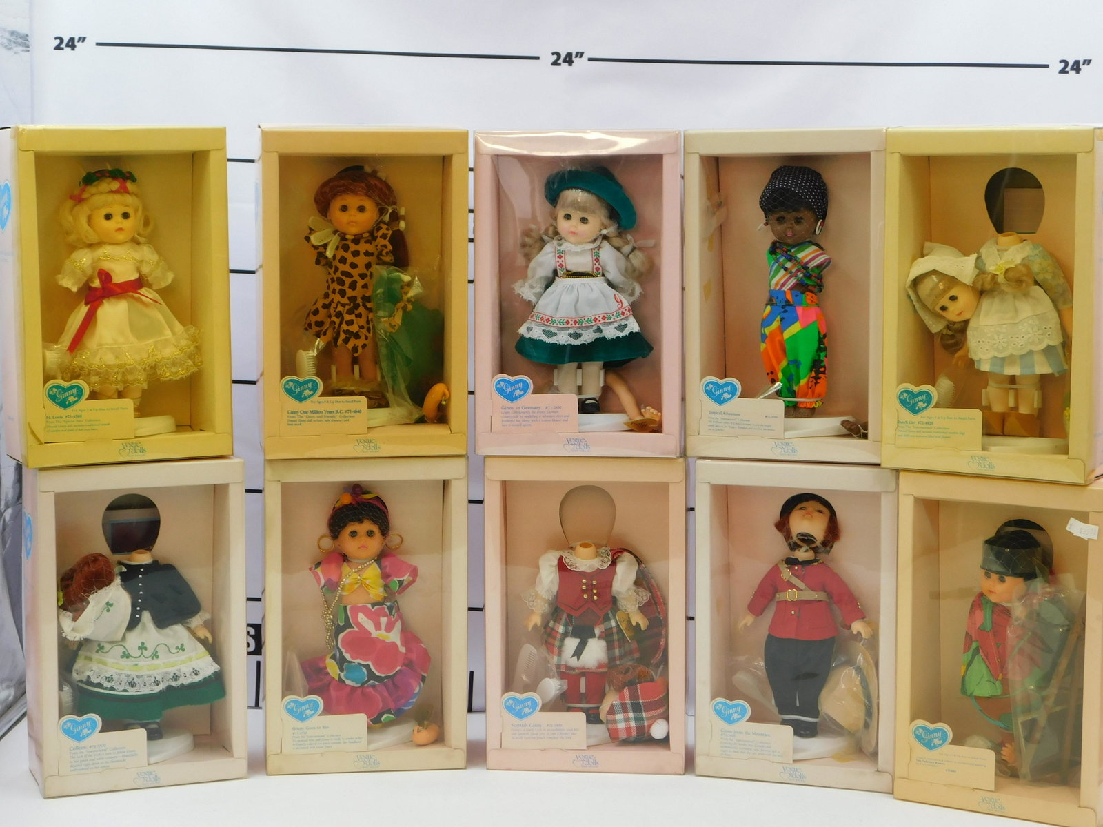 Lot of 10 AS-IS Ginny Dolls: Lot of 10 AS-IS Ginny Dolls including Ginny Goes to Rio, Colleen, Ginny in Germany, St. Lucia, Ginny One Million Years B.C., Scottish Ginny, Two Tahitian Women, Tropical Adventure, Dutch Girl and Ginn