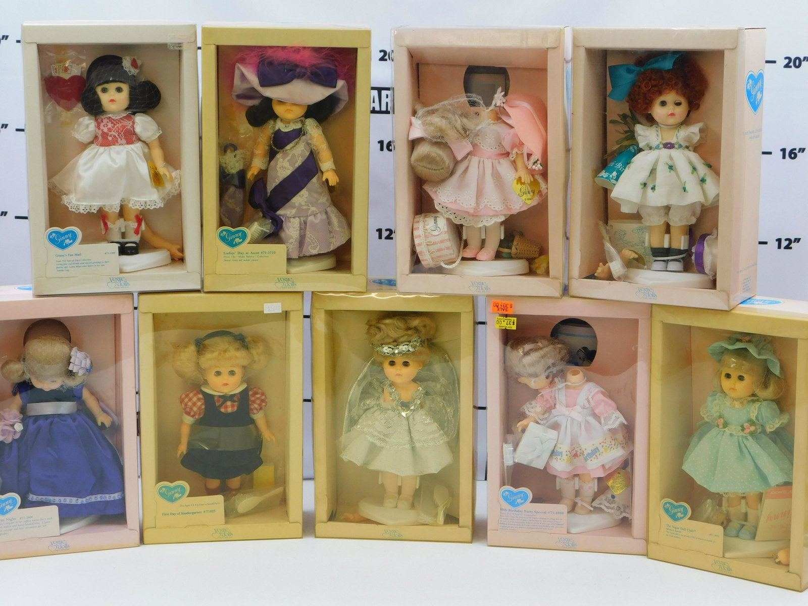 Lot of 9 AS-IS Ginny Dolls: Lot of 9 AS-IS Ginny Dolls including 1994 Celebration Ginny, 40th Birthday Party Special, Club Member's Special, 1990 Vogue Doll Review Luncheon, Ginny's 40th Birthday, Ginny's Fan Mail, Ladies' Day a