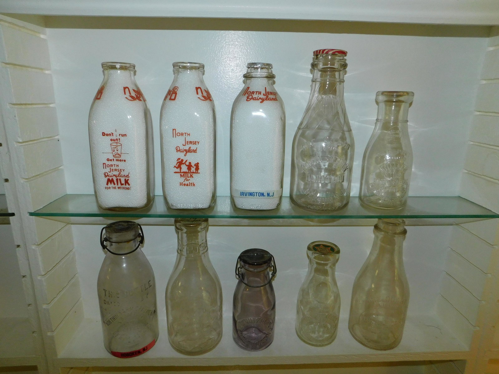 Lot of 10 NJ Dairy Bottles: Lot of 10 NJ Dairy Bottles including John W Moore Oak Dairy Farm - Hammonton, Northup Farm Creamer, Fd Jackson - Hoboken - Amethyst - Chips at top, Oak Hill Dairy - S. Plainfield - Chips, A Nutzhorn -