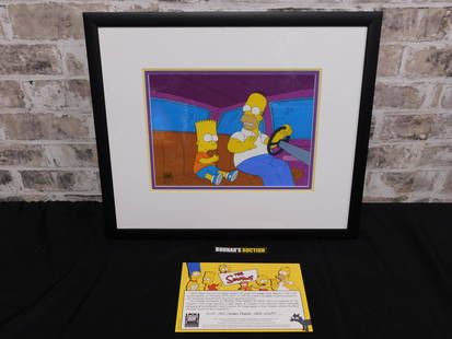 The Simpsons Original Cel Set-Up "Homer Phobia": The Simpsons Original Hand Painted Cel Set-Up Entitled "Homer Phobia". Comes with COA - 20th Century Fox. Framed and Matted. Measures 19.5" wide x 16.5" tall. Please read the terms and conditions.