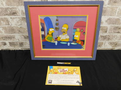 The Simpsons Original Cel Set-Up "How I Spent My Summer Vacation": The Simpsons Original Hand Painted Cel Set-Up Entitled "How I Spent My Summer Vacation" - 20th Century Fox. Depicts Homer, Marge and Bart. Comes with COA. Professionally Framed and Matted. Measures 18