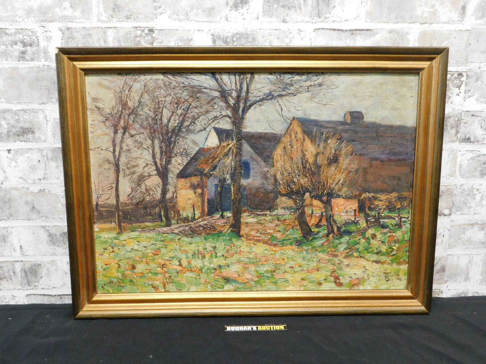 Oil/Acrylic on Canvas Farm Scene: Framed oil/acrylic on canvas impressionist farm scene. Artist . Signed lower right (undetermined). Circa 1900 - 1930. Frame measures approx. 18" tall x 24" wide. Please read the terms and conditions. 