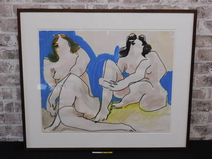 Duo S Ink and Acrylic by Nicholas Marsicano: Framed ink and acrylic by Nicholas Marsicano (American 1908-1991) entitled "Duo S" depicting nude woman. . Signed lower right Marsicano. Frame measures approx. 26.25" tall x 31" wide. Please read the