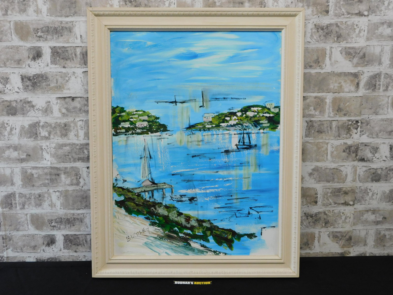 Framed Oil on Canvas by Alfred Birdsey: Framed oil on canvas by Alfred Birdsey (Bermuda 1912-1996) depicting a Caribbean harbor scene . Signed lower left Birdsey .Frame measures approx. 28" tall x 22" wide. Please read the terms and conditi
