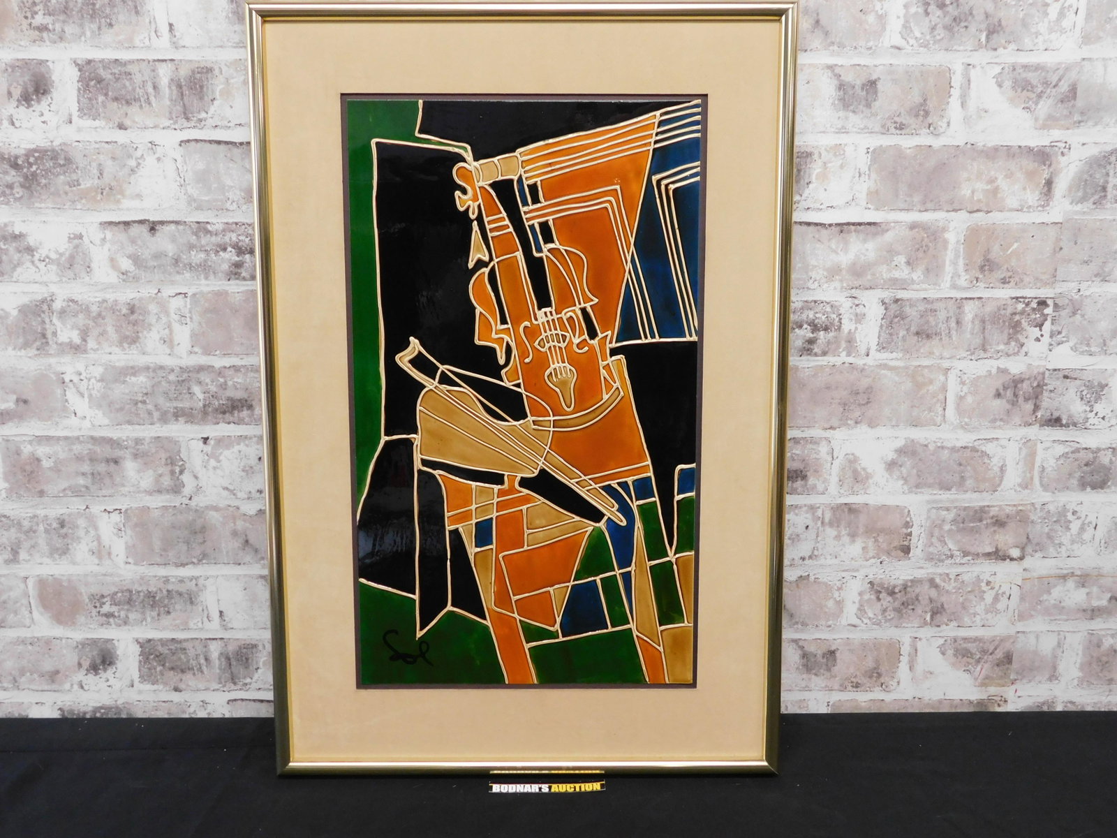 Framed Gesso and Paint by SOL: Framed Gesso and paint by SOL depicting a mid-century modern abstract of musical instruments. Signed lower left Sol. Frame measures approx. 26" tall x 17.5" wide. Please read the terms and conditions.