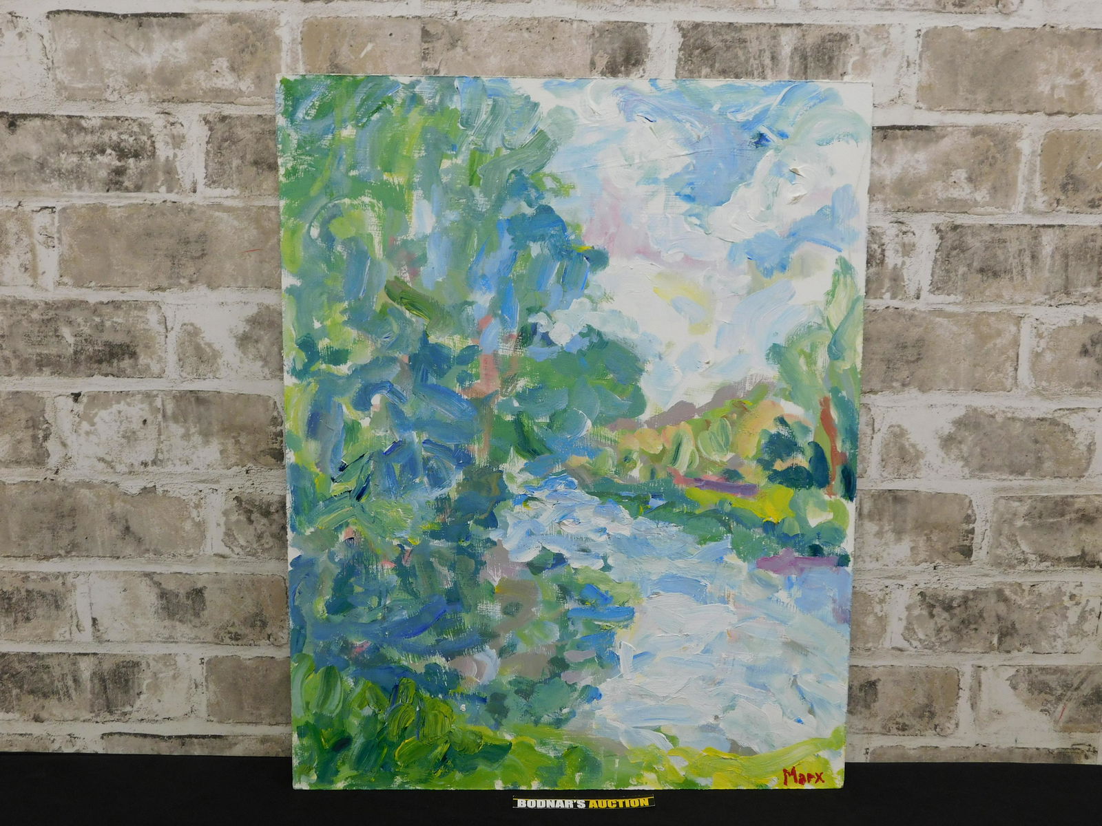 Trees by Lake Verona Impressionist Oil on Masonite by Susan Marx: Impressionist oil on Masonite by Susan Marx. Entitled "Trees by Lake Verona". Signed lower right Marx. She was a local New Jersey artist. Find out more about the artist at www.susanmarxartist.com. Fra