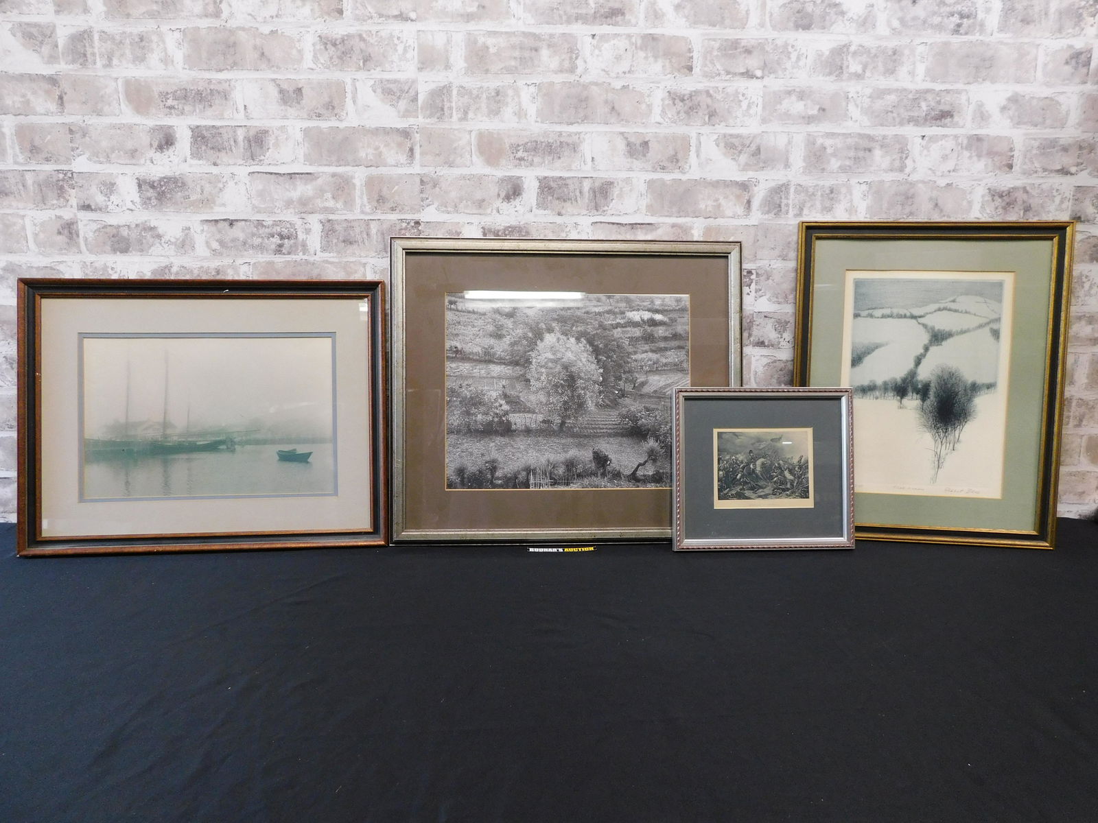 Lot of 4 Framed Pieces of Art: Lot of (4) framed pieces of art including a photograph of a small harbor, "Napoleon at Waterloo" by C Steuben, "Tree Lines" by Robert Bero, signed lower right and numbered 15 out of 250, and an unsign