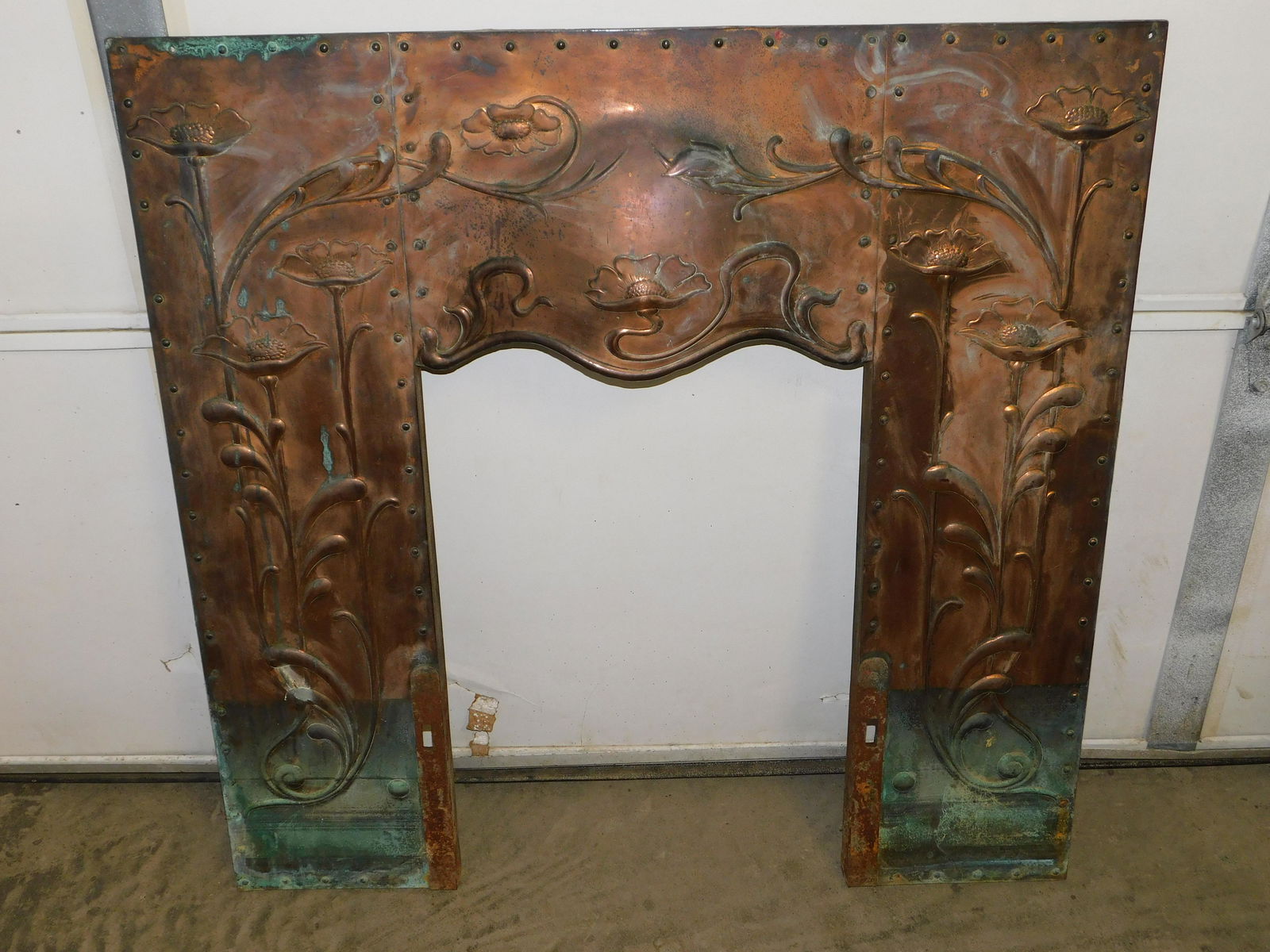 Art Nouveau Hand Hammered Copper Over Cast Iron Fireplace (1 of 8)