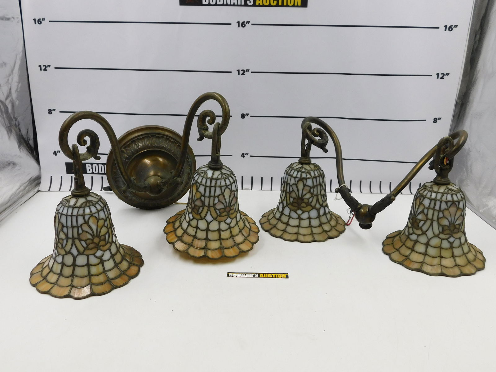 Pair of Mixed Metal Wall Sconces with Stained Glass Shades (1 of 10)