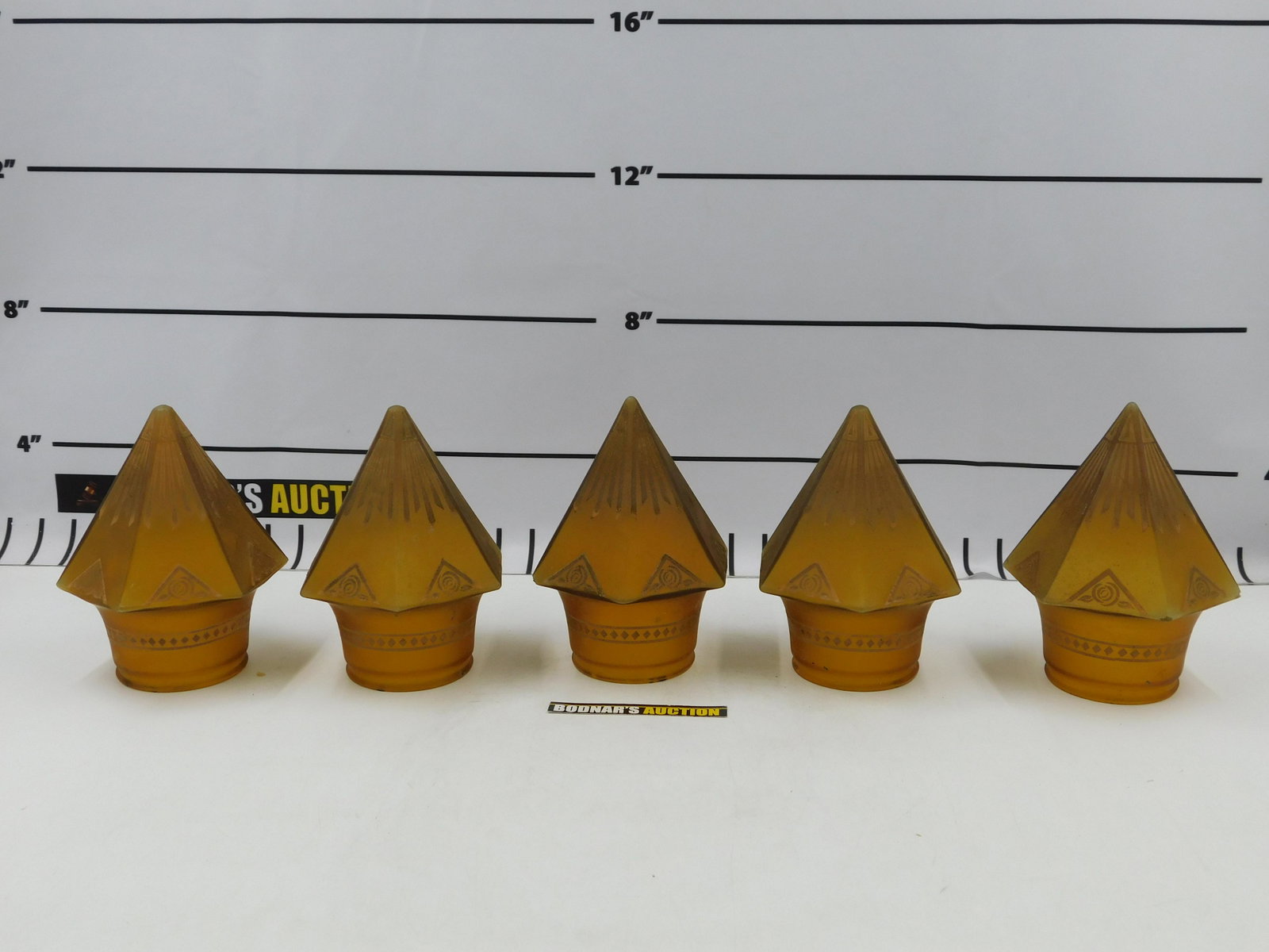 Lot of 5 Art Deco Hand Painted Shades: Lot of 5 Art Deco Hand Painted Shades. One has a chip at the point. Measures approx. 6.5" tall x 5" wide. Fitter Measures approx. 3" tall. Measures approx. All invoices must be paid within 24 hours of