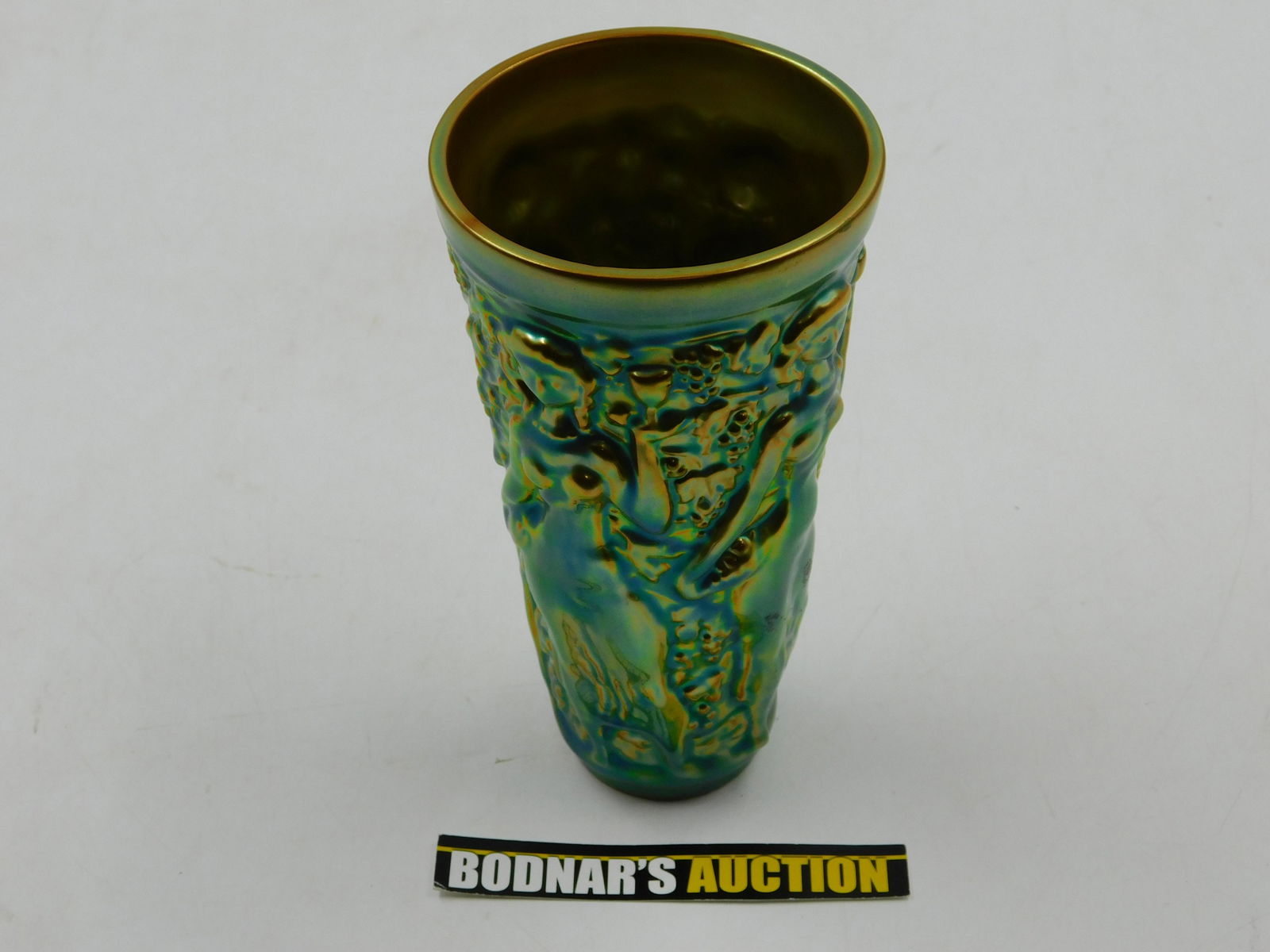 Zsolnay Art Pottery Vase with Nude Woman: Zsolnay Art Pottery Mid Century Modern design with nude women Vase. Measures approx. 6.5" tall, 3.5" diameter. All invoices must be paid within 24 hours of the sale. All items are shipped with Liveauc