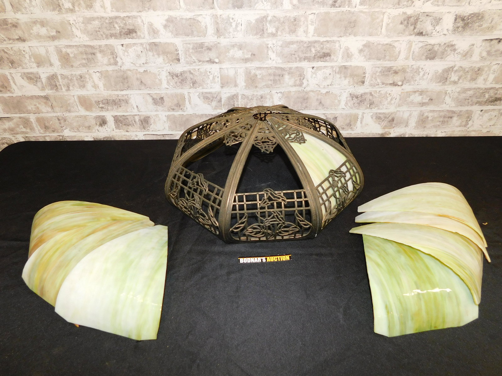 Arts and Crafts Slag Glass Lamp Shade: Arts and Crafts Slag Glass Lamp Shade - In Parts. Includes All Panels. Some glass has chips. Some tabs missing. Measures 17" diameter x 7.5" tall. Please read the terms and conditions. This sale will 