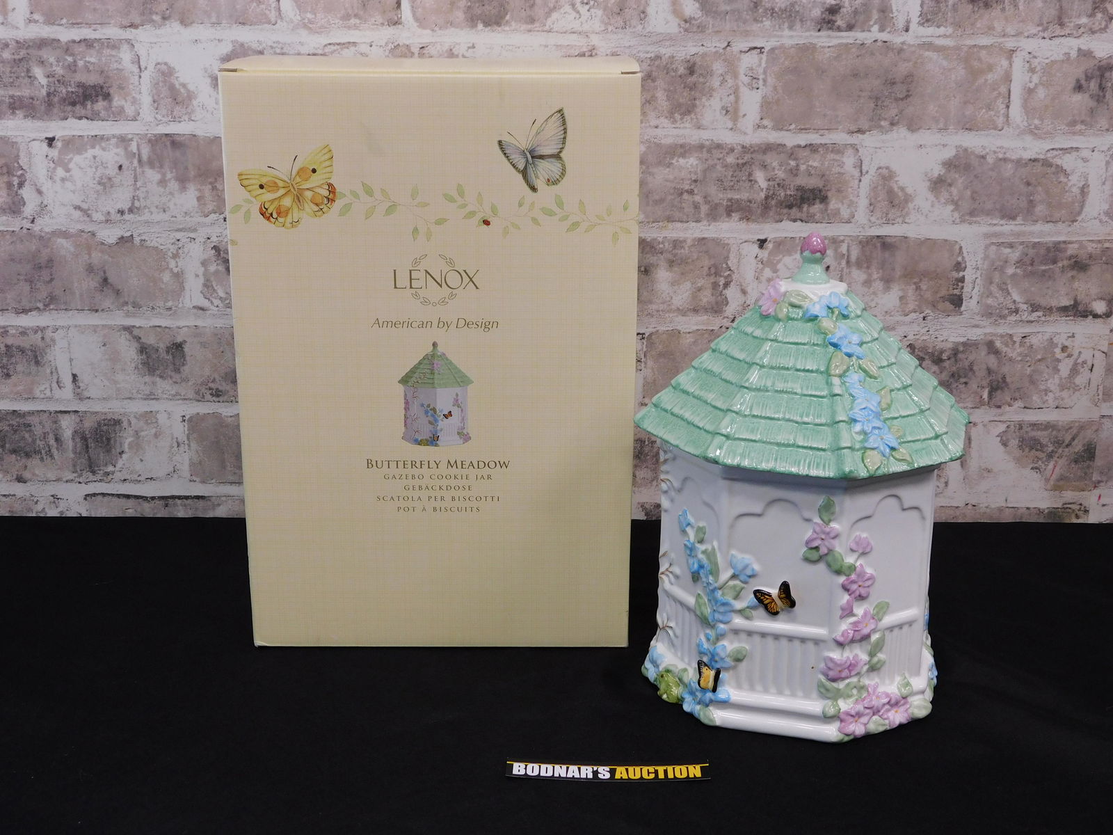 Lenox Butterfly Meadow Gazebo Cookie Jar: Lenox Butterfly Meadow Gazebo Cookie Jar. In Original Box. Measures 10.5" tall x 7" wide. Please read the terms and conditions. This sale will be broadcast live on sale day with full descriptions of e