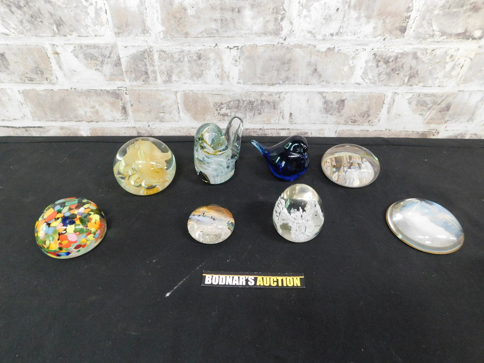 Lot of Paperweights: Lot of Paperweights. Includes 2 Birds - 1 signed, Art Glass, and 3 Pictural. Please read the terms and conditions. This sale will be broadcast live on sale day with full descriptions of each lot being
