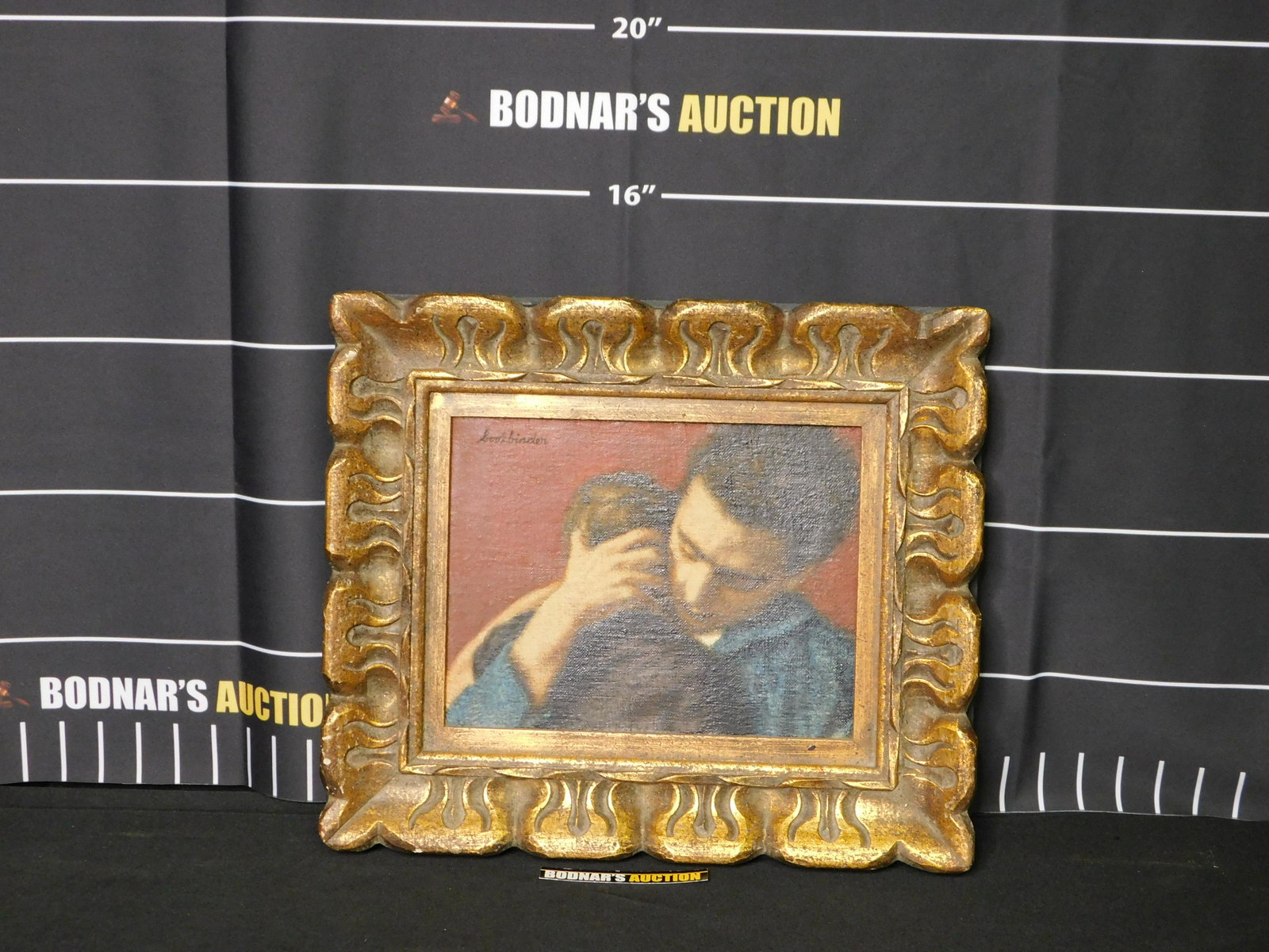 Impressionist Oil on Canvas - Father with Child: Oil on canvas Impressionist painting by Bookbinder depicting a Father embracing a child, signed top right circa late 20th century. Measures 114 inches tall by 16 inches long. All invoices must be paid
