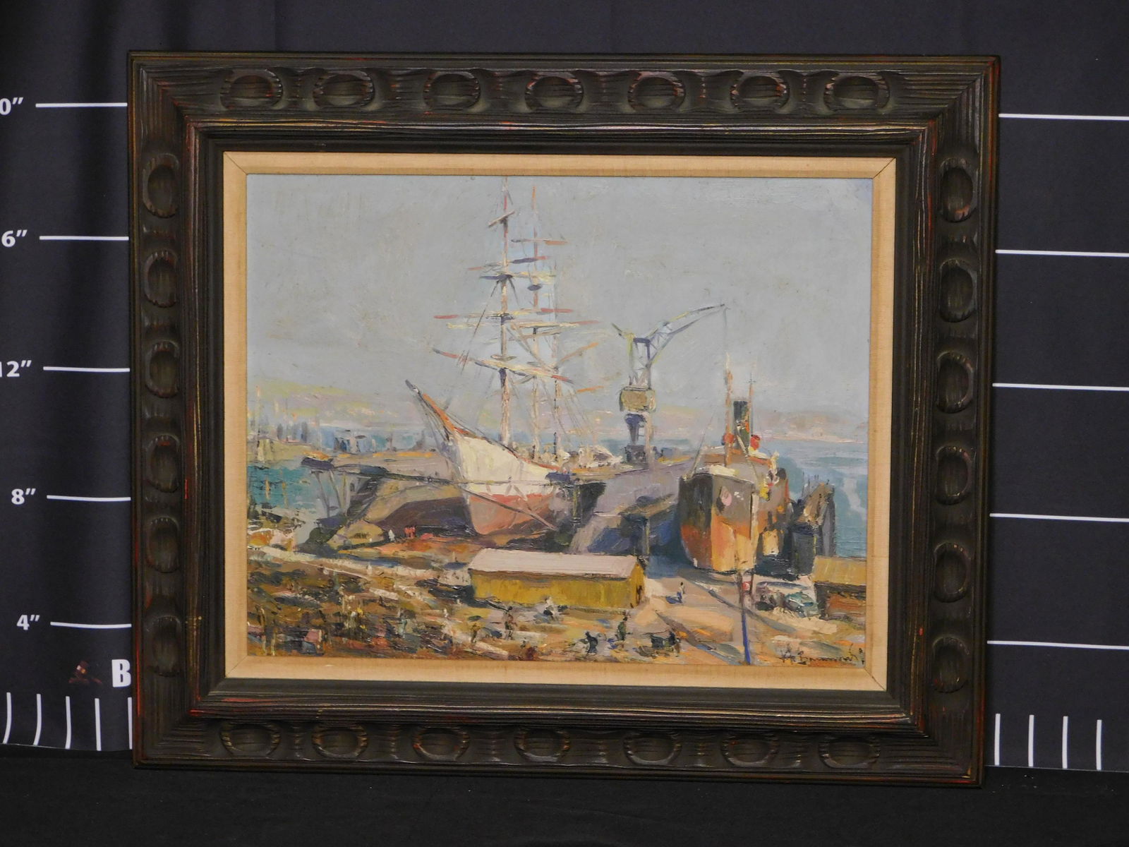 Impressionist Oil on Canvas of Ship and Harbor Scene (1 of 5)