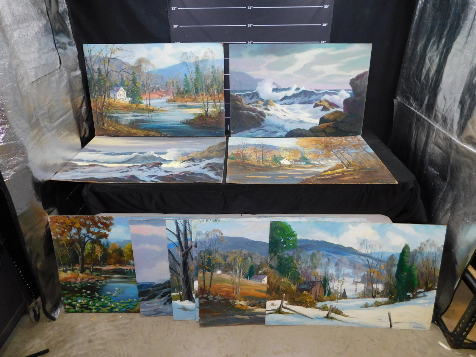 Lot of 10 Judd Wilson Oil on Masonite Paintings: Lot of 10 Judd Wilson Oil on Masonite Paintings of Various Seasons. Measures 24" tall x 36" wide. All invoices must be paid within 24 hours of the sale. THIS IS A LOCAL PICKUP ONLY AUCTION IN MONMOUTH