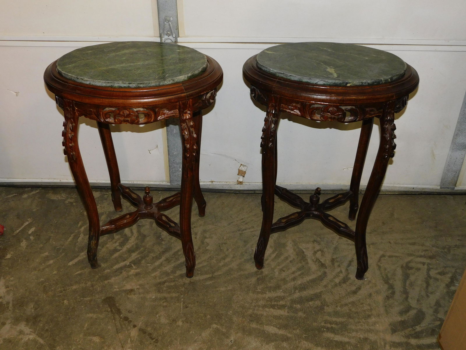 Pair of walnut carved marble toped side tables (1 of 5)