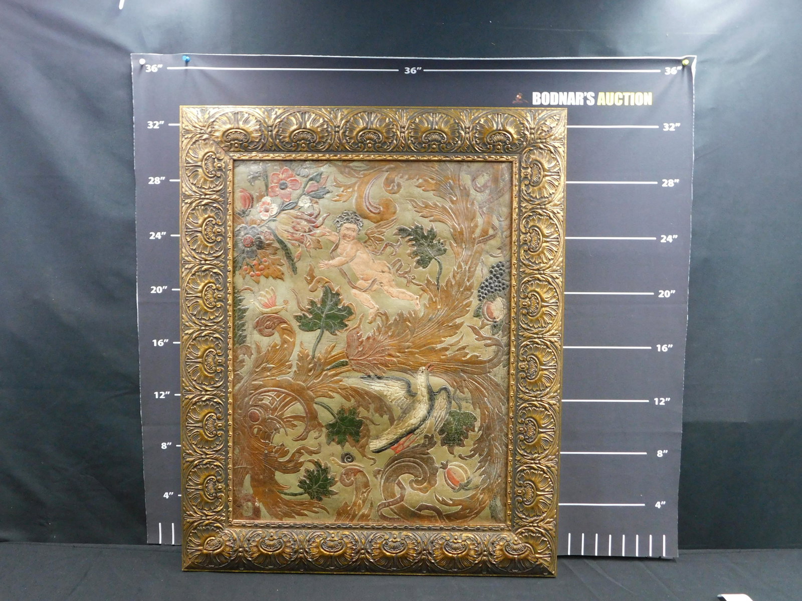 Framed 19th Century Hand Tooled Leather Portrait Cherub with Birds (1 of 6)