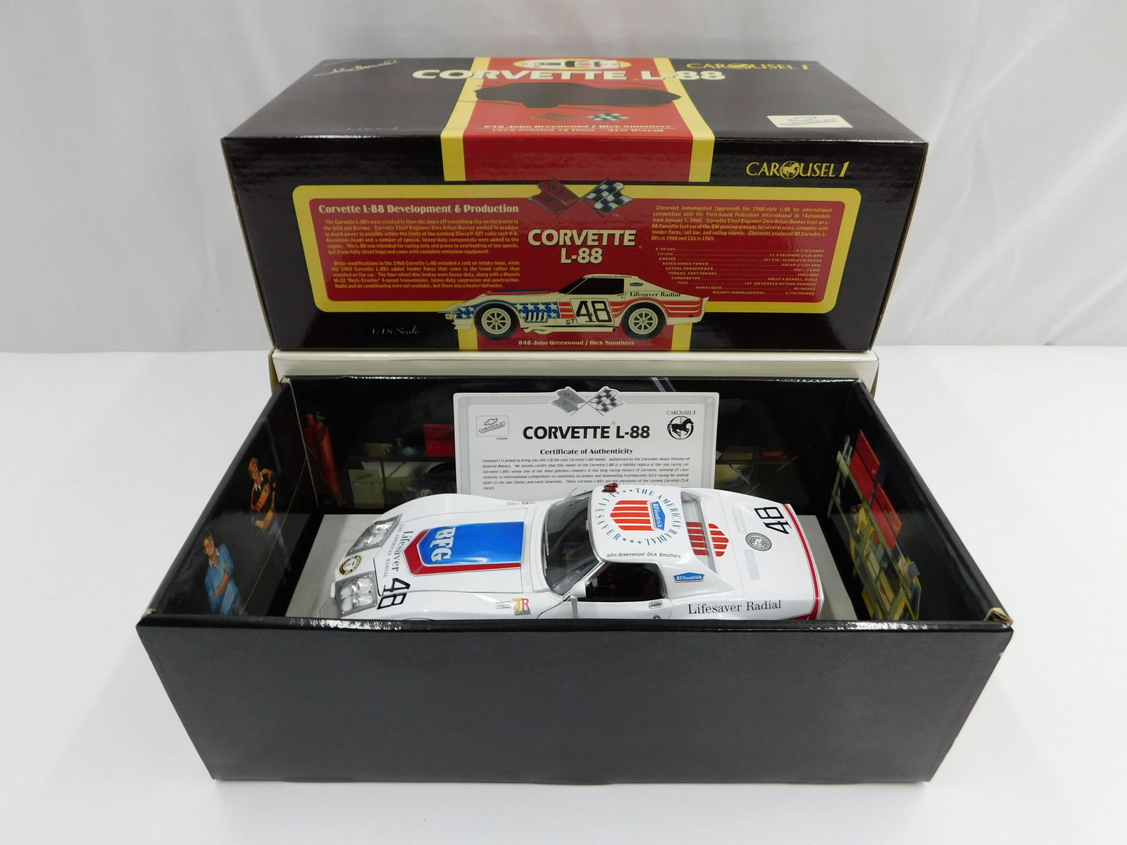 Carousel 1 Corvette L-88 - #48 John Greenwood/Dick Smothers: Carousel 1 Corvette L-88 - #48 John Greenwood/Dick Smothers - 1972 Sebring 12 Hour - 31st Overall - 1:18 Scale. Car #4602 - Comes in Original Box with outer white shipper. All invoices must be paid wi