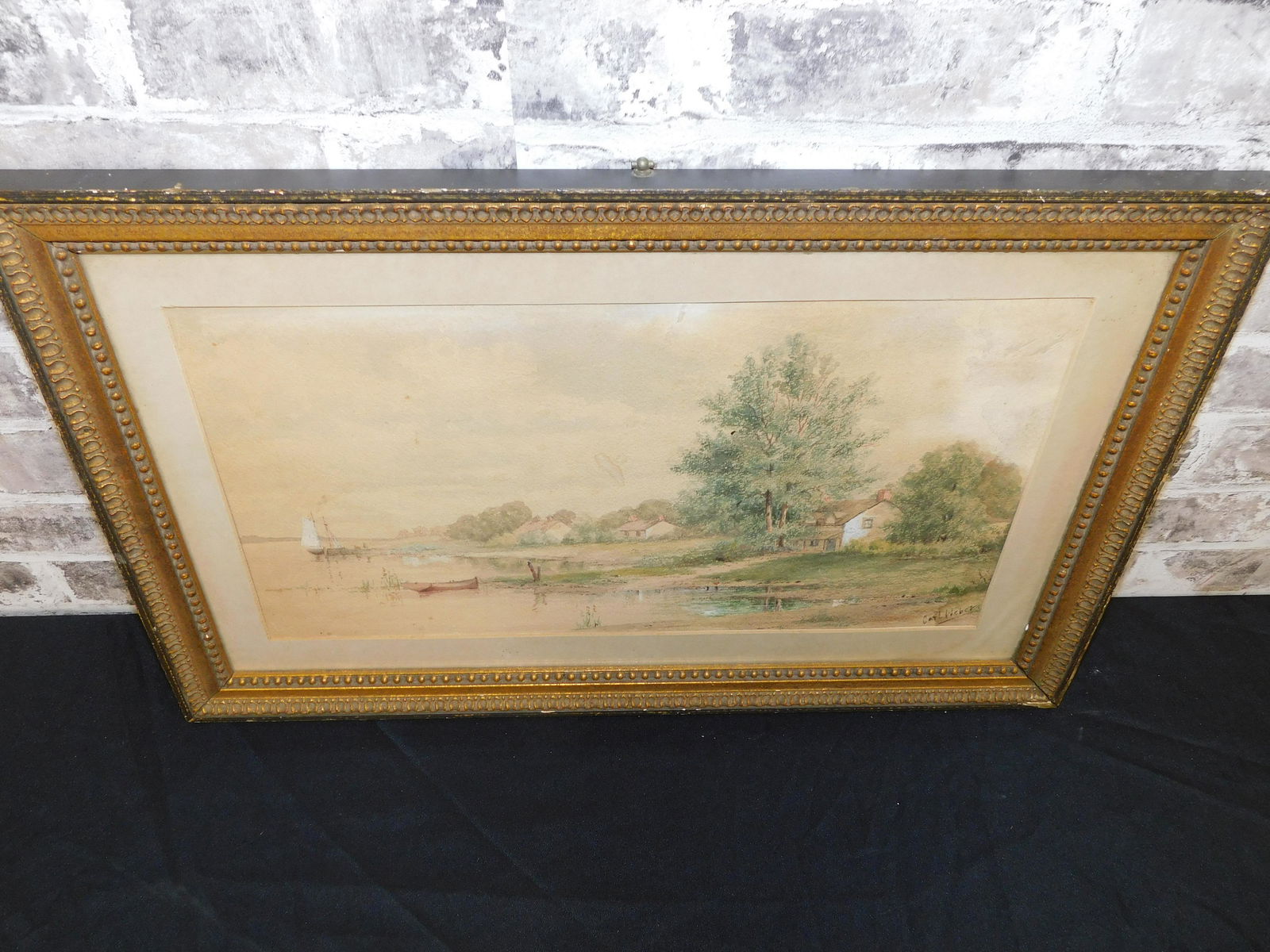 19th Century Watercolor on Paper - River Scene with Sailboat (1 of 4)