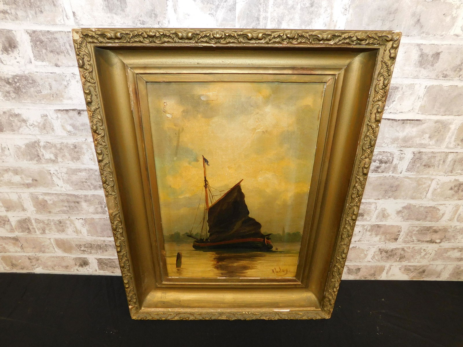 19th Century Oil on Canvas - Sailboats at Harbor: 19th Century Oil on Canvas depicting a Sailboat near a Harbor. Signed Lower Right - Undetermined. Appears to be A. L. Joy. Has several tears in the canvas. Frame is AS-IS. Measures 25" tall x 18" wide