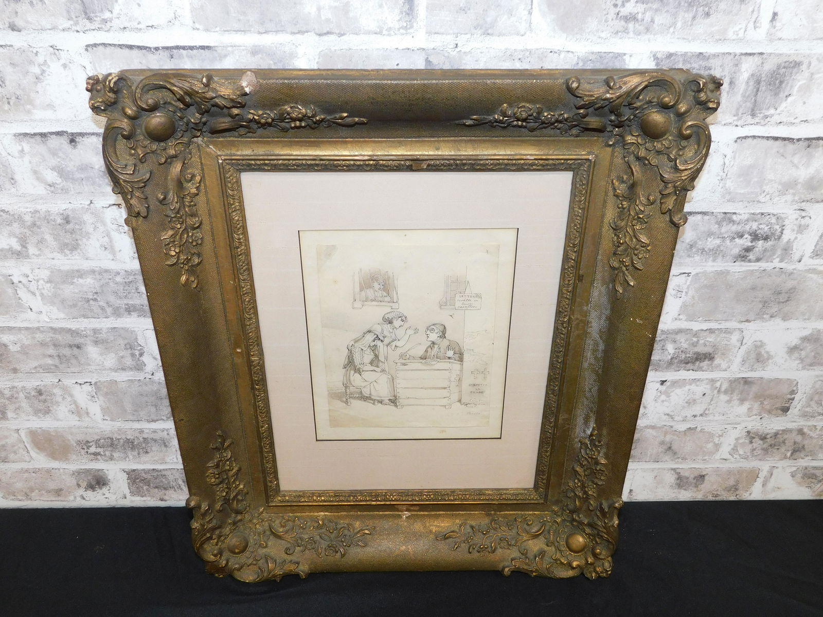 Pen and Ink Illustration - Two Women with Priest: Pen and Ink Illustration by Bartolomeo Pinelli (1781-1835). Depicting two women with Priest. with woman in quarantine. Some loss to frame. Measures 21" tall x 17" wide. All invoices must be paid withi