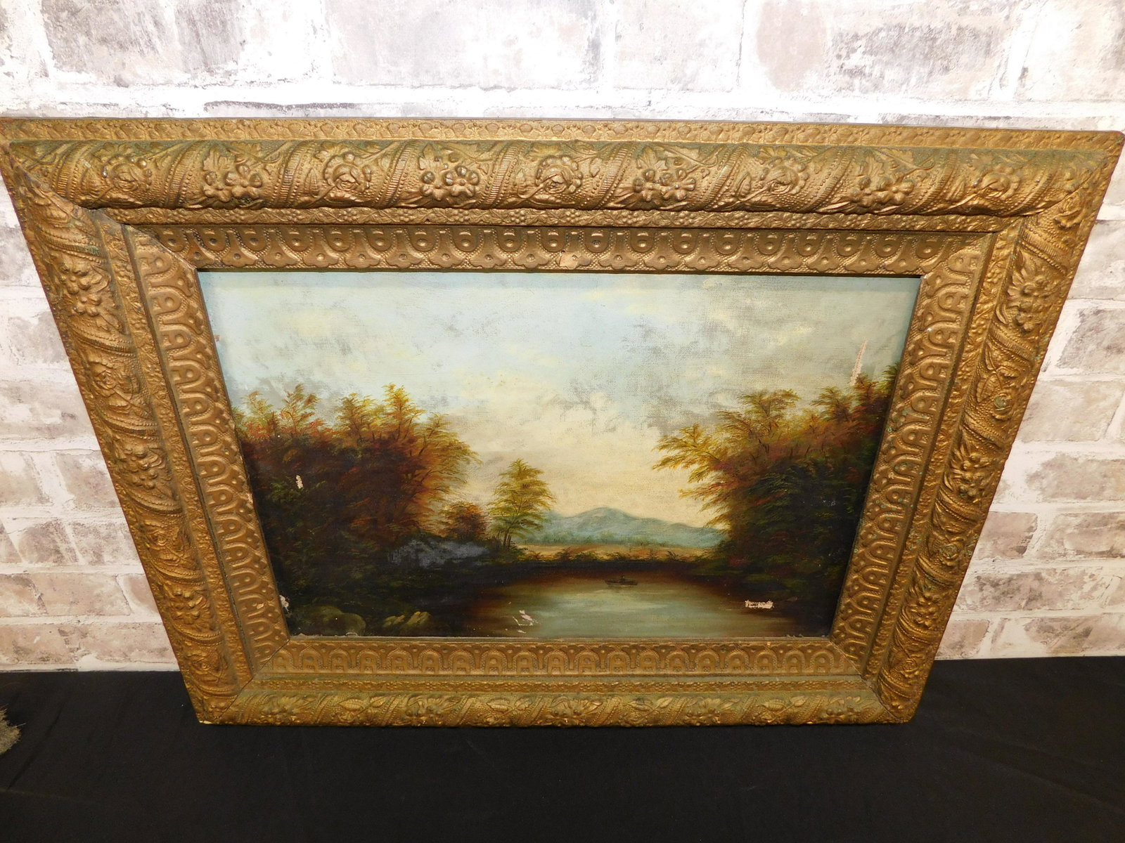 19th Century Oil on Canvas - Man in Row Boat: 19th Century Oil on Canvas depicting man in rowboat on lake. Unsigned. Has paint loss and several tears. Measures 21" tall x 27" wide. All invoices must be paid within 24 hours of the sale. Shipping o