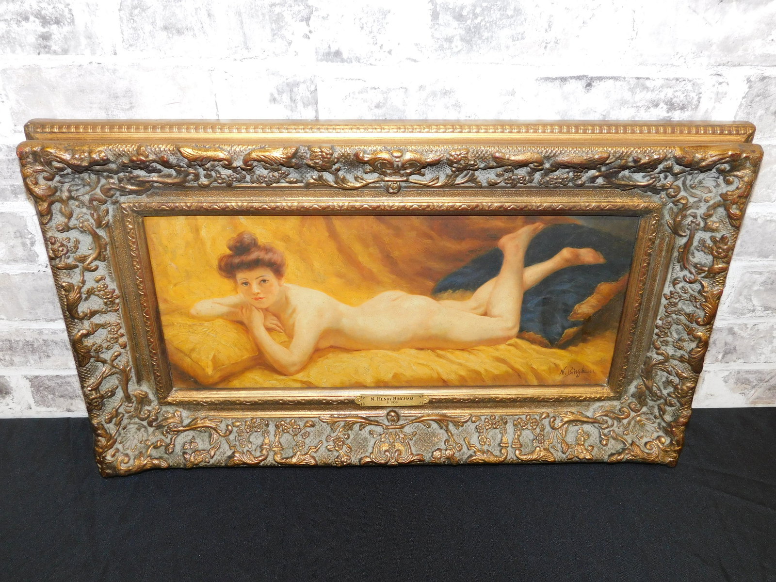 Oil on Board of Nude Woman: Oil on Board by N. Henry Bingham (1939- ) Depicting a nude woman on bed. Signed lower right. Measures 14.5" tall x 24" wide. All invoices must be paid within 24 hours of the sale. Shipping options are