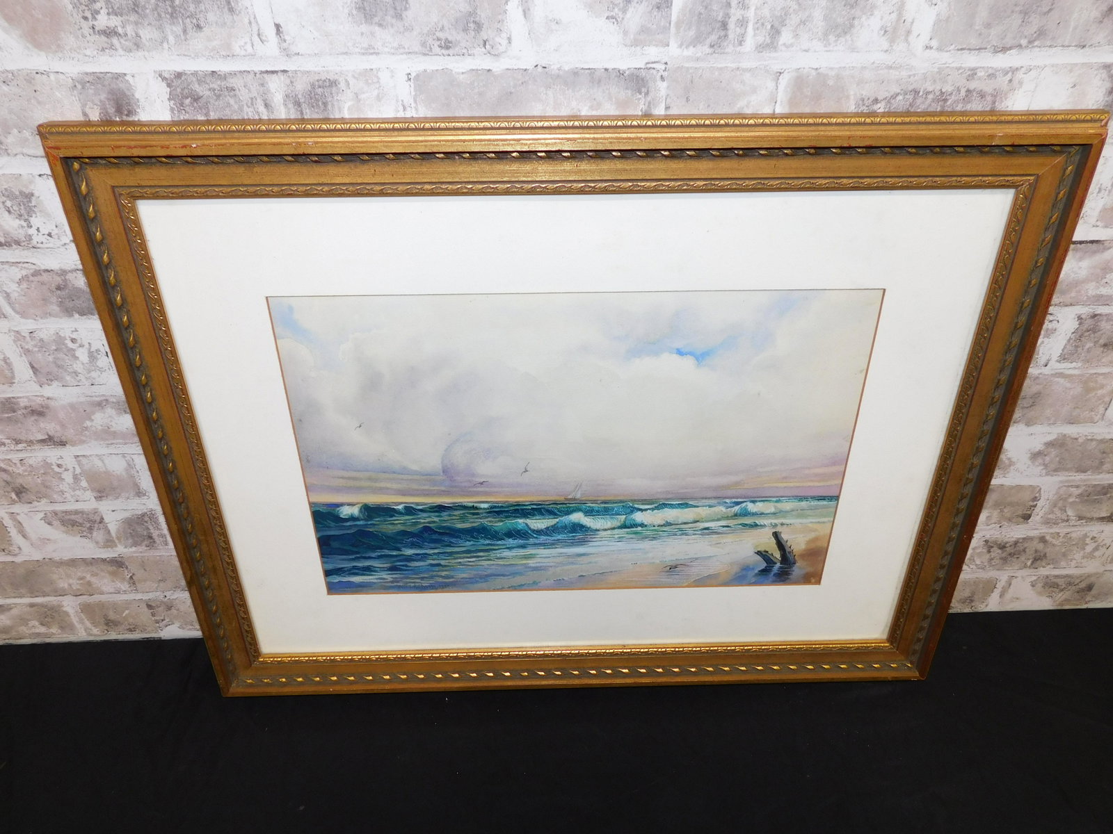 19th Century Watercolor on Paper - Beach with Sailboat: 19th Century Watercolor on Paper by William Trost Richards (1833-1905). Depicting Beach Waves with Sailboat. Signed Lower Left. Dated 1872. Measures 22" tall x 29" wide. All invoices must be paid with
