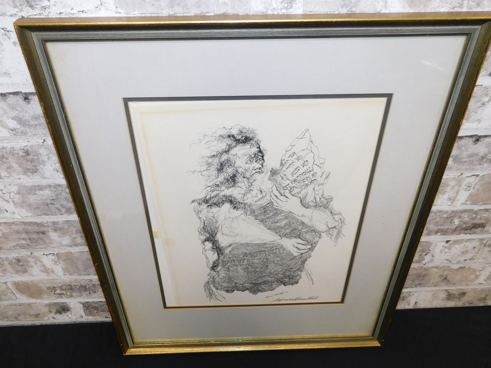 Engraving of Moses by Seymour Rosenthal: Engraving by Seymour Rosenthal (1921-2017). Depicting Moses. Signed lower right, dated in print 1961. Print is loose in frame. Measures 21" tall x 17" wide. All invoices must be paid within 24 hours o