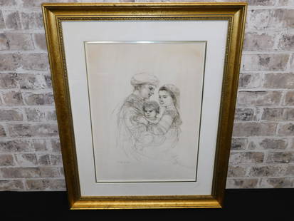 Lithograph by Edna Hibel - Family with Child: Lithograph by Edna Hibel (1917-2014). Depicting a family with child. Marked lower left B/31/ED 330. Signed lower right. Measures 29.5" tall x 24" wide. All invoices must be paid within 24 hours of the