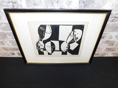 Woodblock Print - Lasar Segall: Woodblock Print by Lasar Segall (1889-1957). Depicting Mid Century Modern Abstract Scene of Faces. Signed lower right. Measures 16" tall x 20" wide. All invoices must be paid within 24 hours of the sa