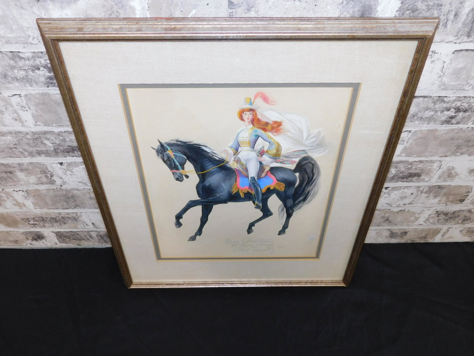 Watercolor Illustration - Circus Girl on Horseback: Watercolor Illustration depicting a Circus Girl on Horseback. Pencil Signed - Appears to be "Merry Christmas to Louis Mane Dec. 1970" A. Duenunery. Measures 20" tall x 17" wide. All invoices must be p