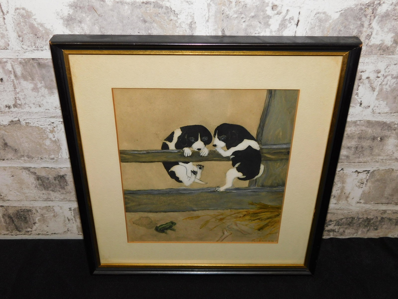 Watercolor - Two Dogs and a Frog: Watercolor depicting two dogs on a fence with a frog. Signed lower right. Appears to be G. Sanger. Measures 11.5" tall x 10.5" wide. All invoices must be paid within 24 hours of the sale. Shipping opt