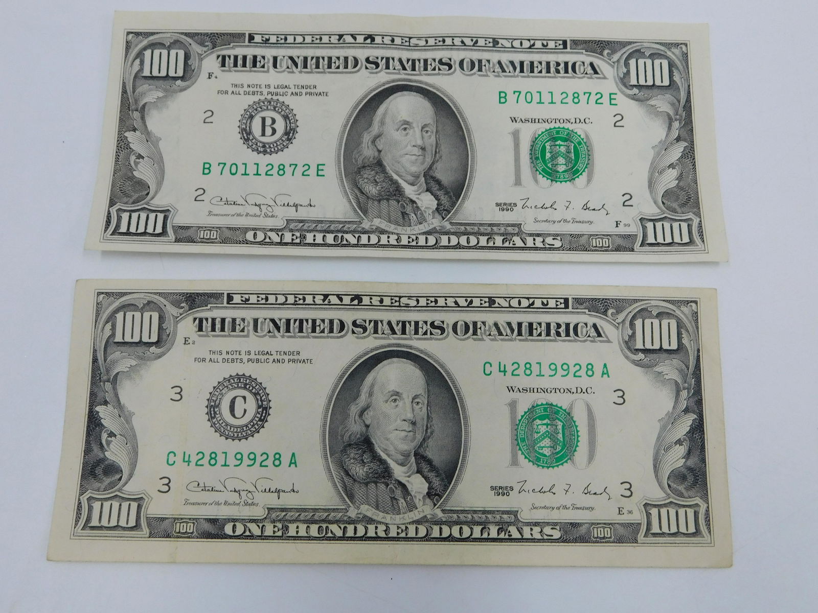 Lot of (2) 1990 $100 Bills (1 of 3)