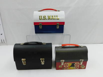 Lot of 3 Vintage Tin Lunchboxes: Lot of 3 Vintage Tin Lunchboxes including Black Metal "V" - Marked American Thermos Products, U.S. Mail - Marked Aladdin Industries Inc. and Barn - Marked American Thermos Products. All have some