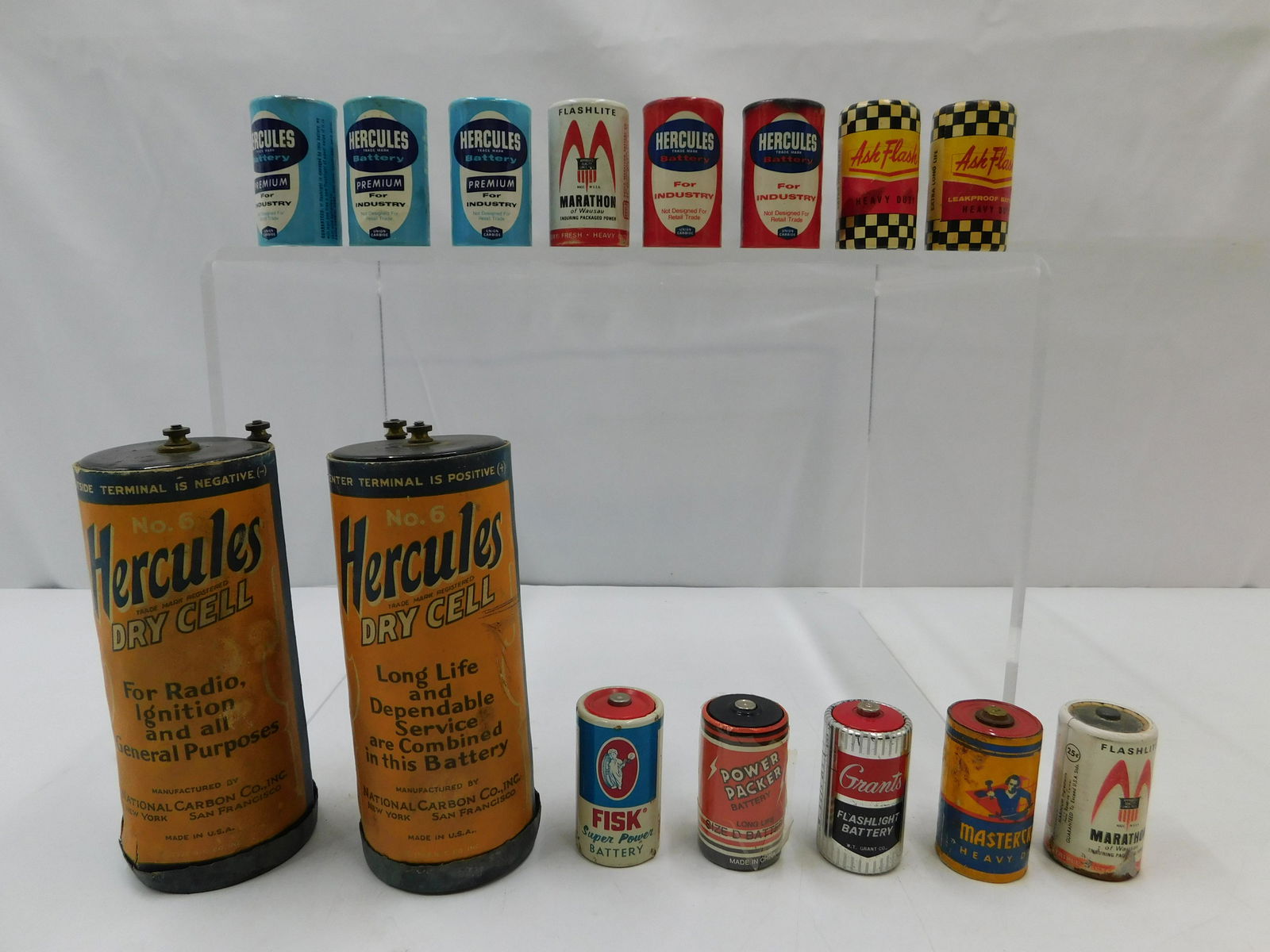 Lot of 15 Vintage Batteries: Lot of 15 Vintage Batteries including (2) Hercules Dry Cell No. 6, (3) Hercules Size No. 150, (2) Marathon Size D, (2) Hercules No. 50, (2) Ask Flash D Batteries, Mastercraft Size D, Fisk Size D, Powe