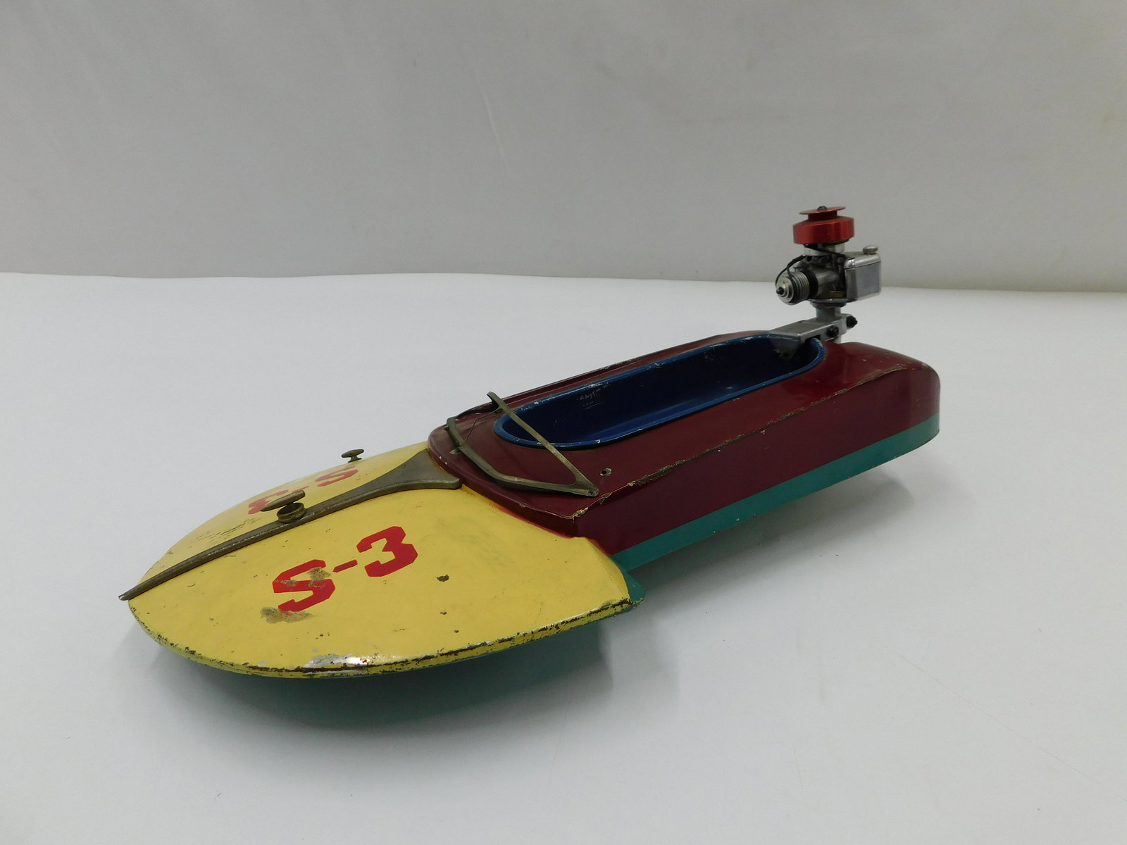 Antique Paint Decorated Tin Race Boat - Powered Motor (1 of 6)