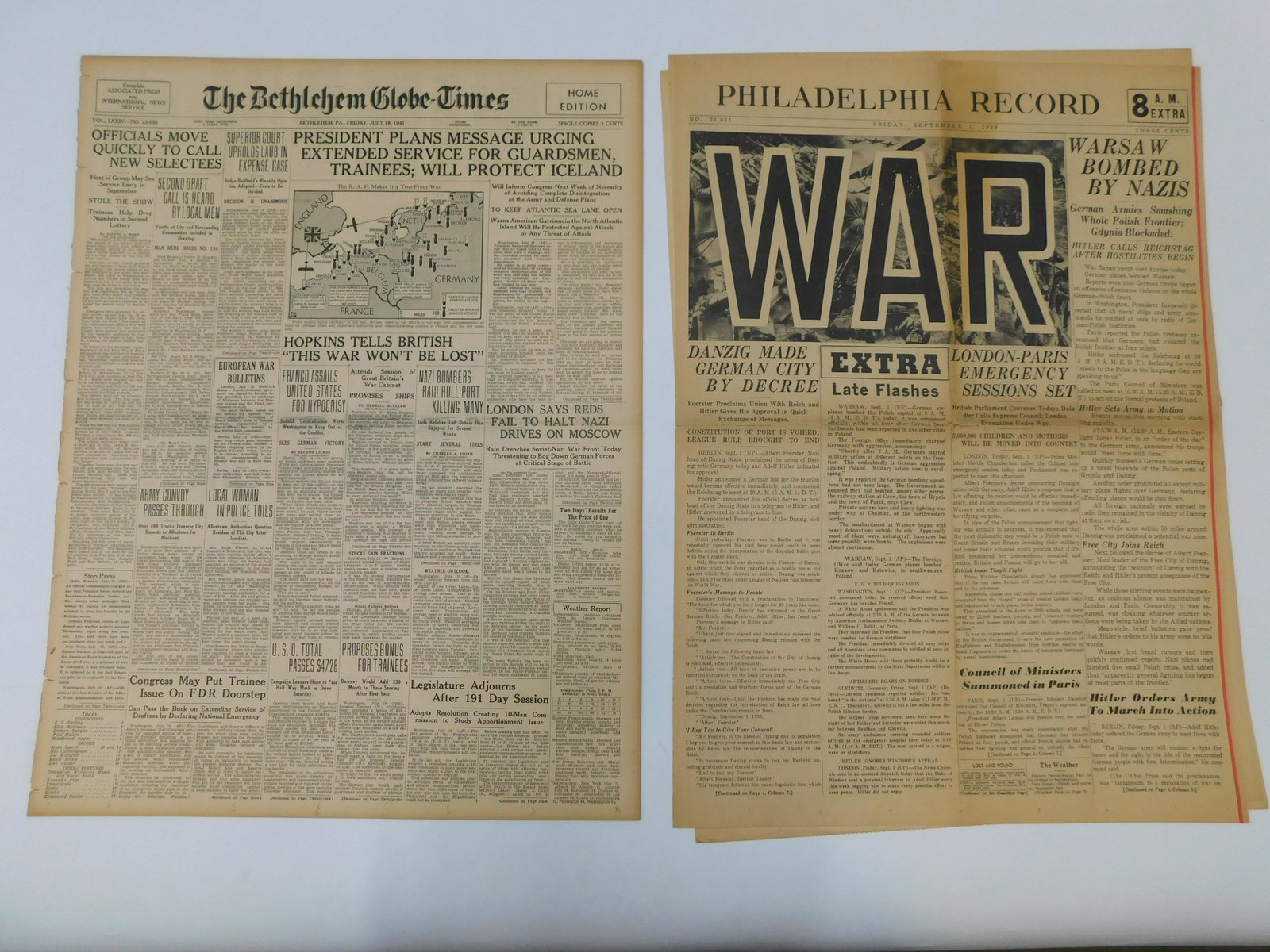 Lot of 2 WWII Related Newspapers: Lot of 2 WWII Related Newspapers including The Bethlehem Globe Times 7-18-1941 discussing various issues on the war and Philadelphia Record 9-1-1939 "War" Warsaw Bombed by Nazi's, Hitler Orders Army t