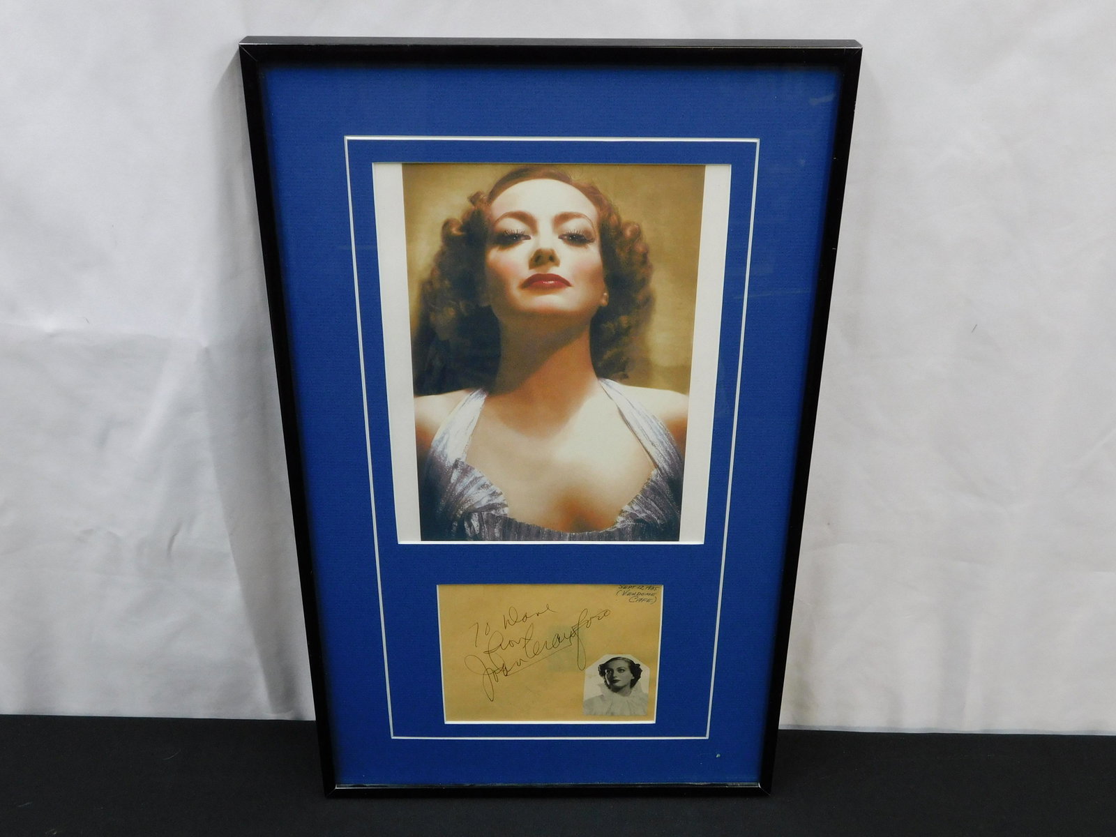 Joan Crawford Presentation Frame: Joan Crawford Presentation Frame. Comes with photo and separate autograph under the photo - Dated Sept 12 1935 Vendome Cafe. Framed and Matted. Measures 19.5" tall x 12" wide. All invoices must be pai